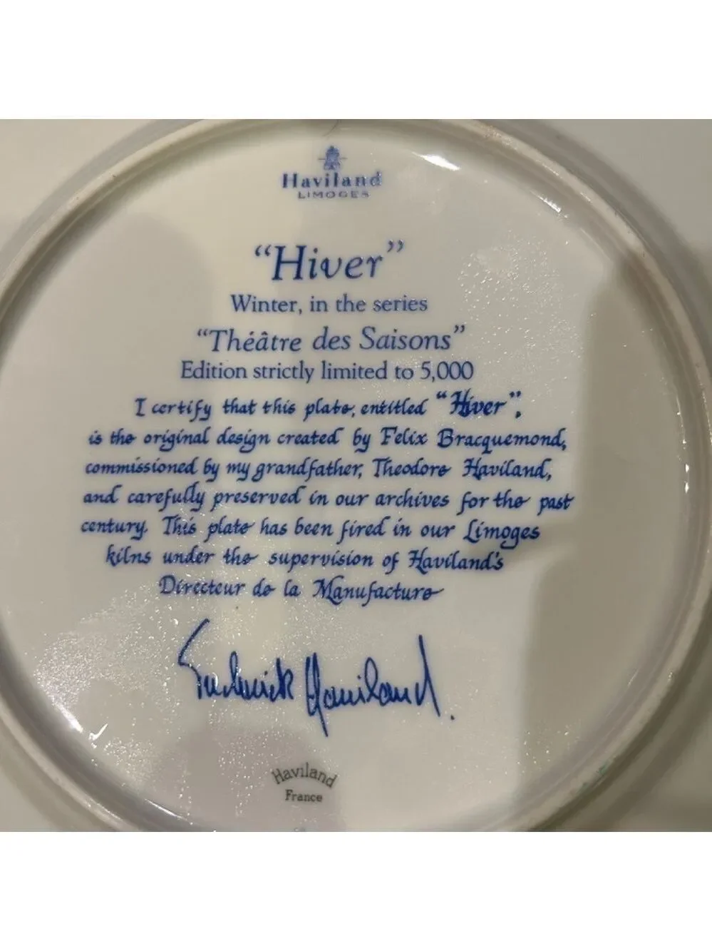 Haviland Limoges “Hiver” Theatre des Saisons Dinner Plate 10” No Flaws Gold Edge